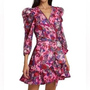 Tanya Taylor Sasha Puff Sleeve Fit And Flare Floral Mini Wrap Dress Size 4